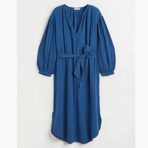 NWT H&M Tie-Belt Cotton Dress in Dark Blue size X-Small Relaxed Fit Double-Weave